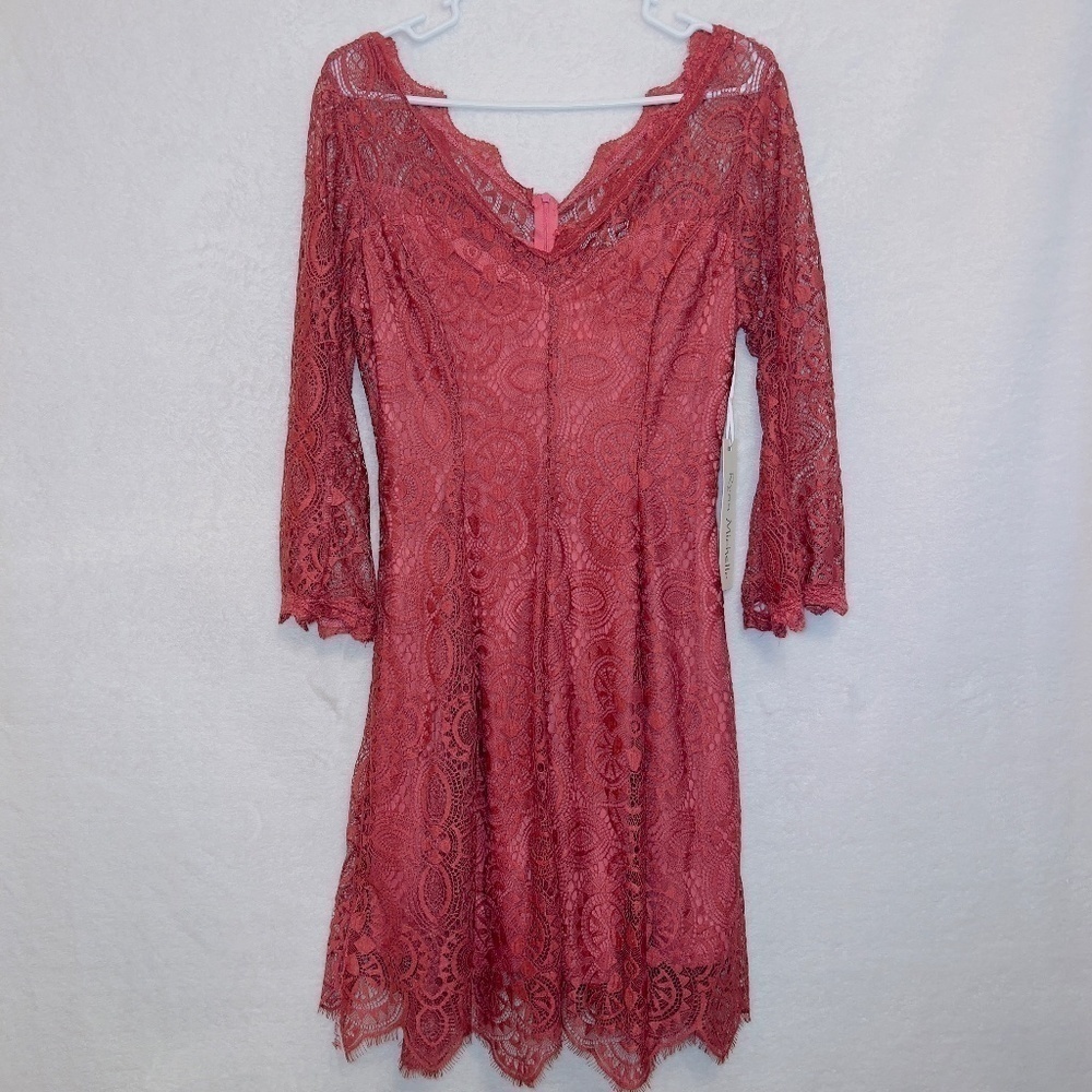 NWT Ryan Michelle Pink Eyelet Lace Long Sleeve V Neck Mini Dress size medium